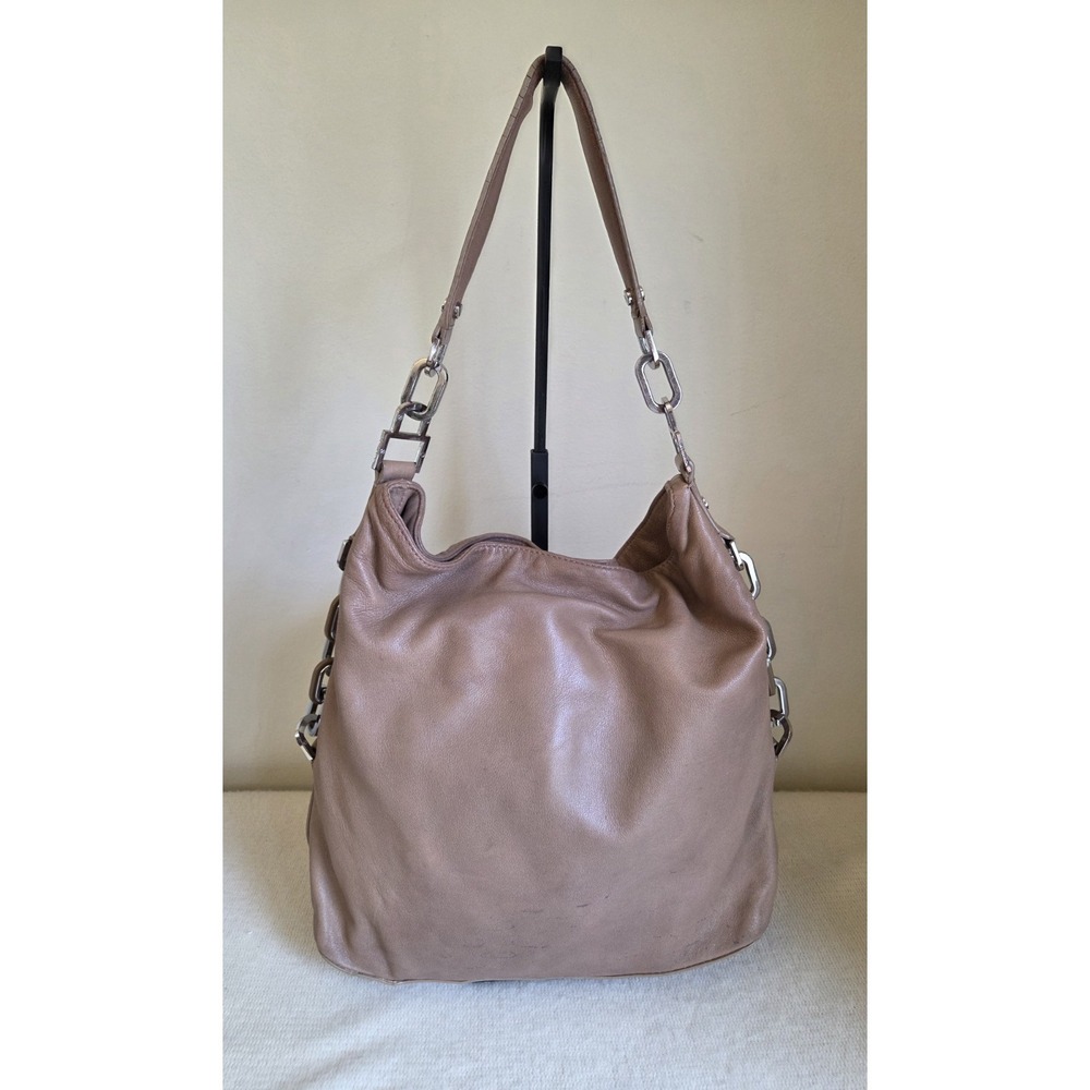 TORY BURCH Tan Beige Soft Leather Slouch Hobo Handbag Logo‎ Metal Accents